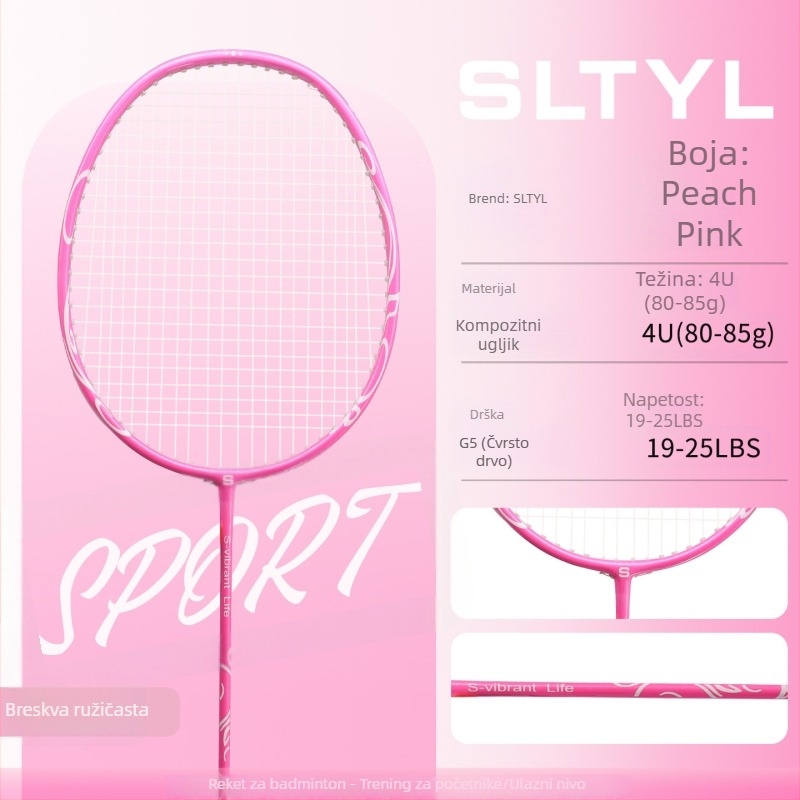 Raketa za badminton, okvir od karbonskih vlakana, masa 80-84 g, debljina drške G5, tip udarca: direktni udarac