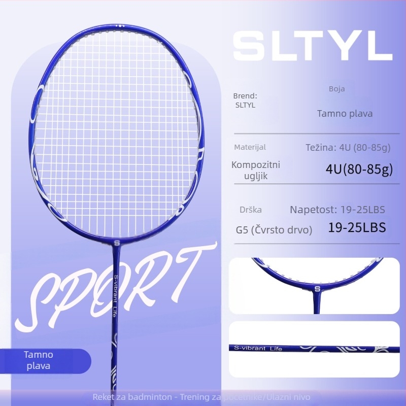 Raketa za badminton, okvir od karbonskih vlakana, masa 80-84 g, debljina drške G5, tip udarca: direktni udarac