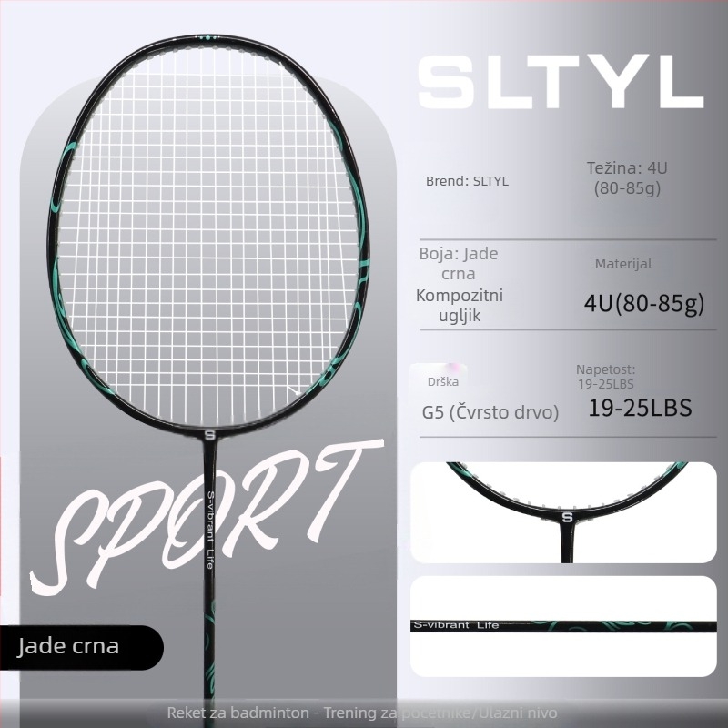 Raketa za badminton, okvir od karbonskih vlakana, masa 80-84 g, debljina drške G5, tip udarca: direktni udarac