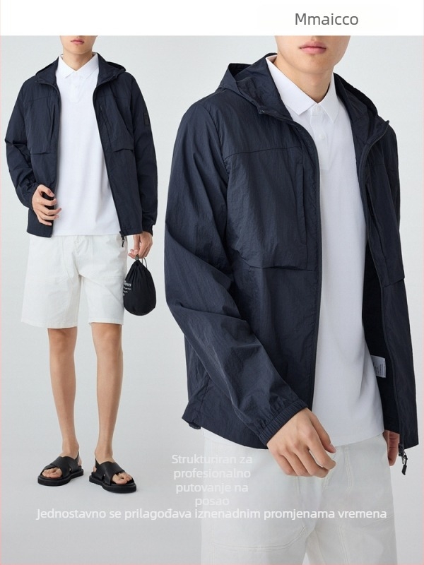 Muška jakna s kapuljačom i više džepova, lagana najlonsko-mješavina, UPF50+, zatvarač