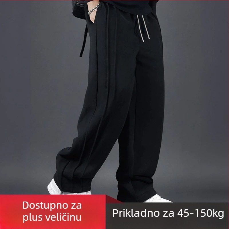 Muške plisirane sweatpants, američkog stila, slobodan kroj s ravnim nogavicama, poliester, proljeće 2025