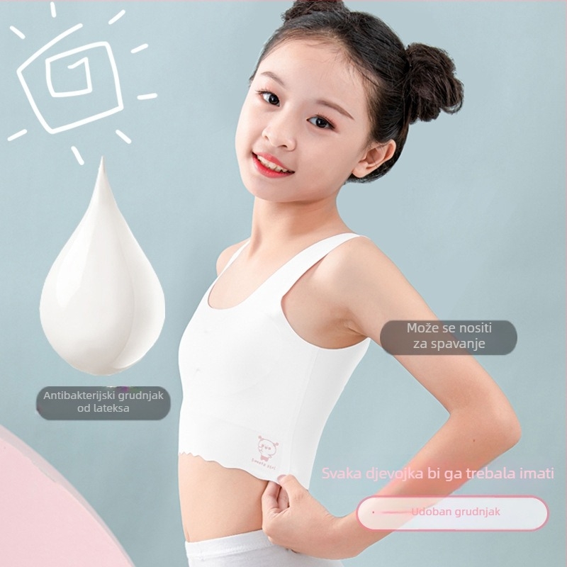 Sutien za djevojčice u razvoju s ultra-tankim oblikovanim košaricama i punom od pjene/lateksa; glavni materijal: spandex 68%, podstava od najlona 32%; naramenice od pamuka, fiksne dvostruke; prozračan i udoban