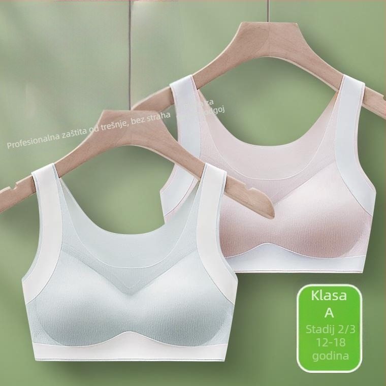 Sportski grudnjak za djevojčice u stilu veste, najlon, puna šalica, tanji oblikovana šalica, podstava najlon 70–80%, prozračan, bez šavova, fiksne dvostruke naramenice