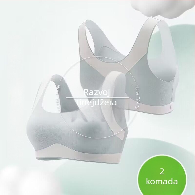 Sportski grudnjak za djevojčice u stilu veste, najlon, puna šalica, tanji oblikovana šalica, podstava najlon 70–80%, prozračan, bez šavova, fiksne dvostruke naramenice