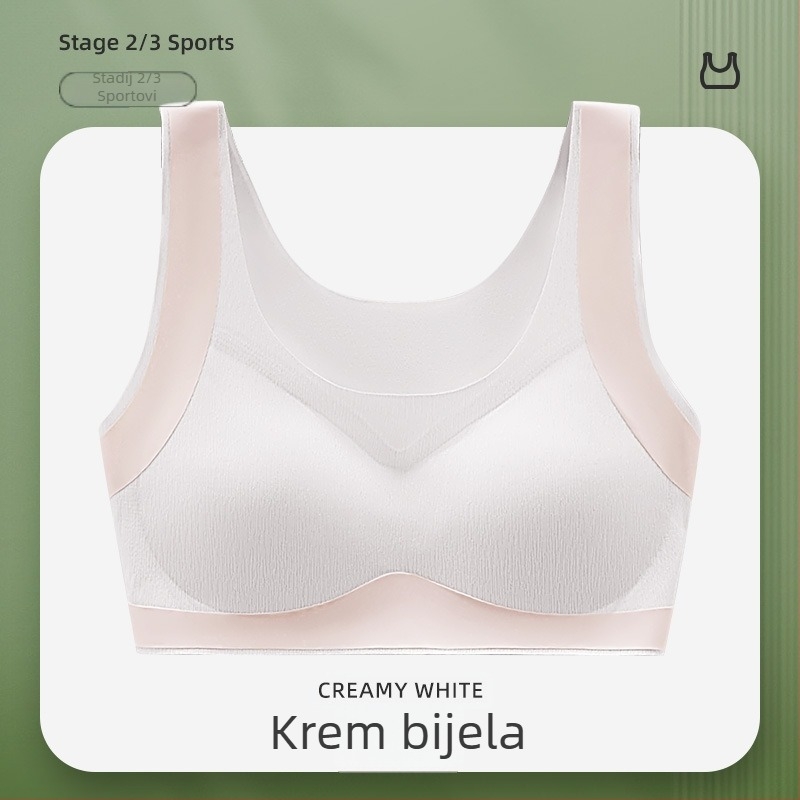 Sportski grudnjak za djevojčice u stilu veste, najlon, puna šalica, tanji oblikovana šalica, podstava najlon 70–80%, prozračan, bez šavova, fiksne dvostruke naramenice