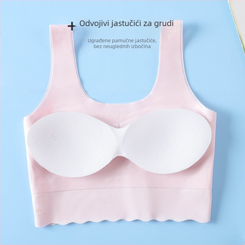 Bešavni grudnjak za djevojčice u razvoju, stil prsluka, Ice Silk tkanina, glavni materijal najlon, podstava od Spandexa, pune čašice, tanak oblik, čvrste dvostruke naramenice, prozračno i udobno