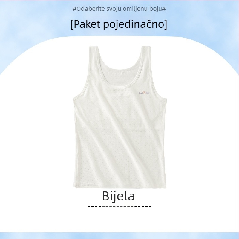 Dječje tanktop–donje rublje za djevojčice 9–13 godina, glavni materijal viskoza 30–50%, podstava od spandeksa 90–95%, fiksirani dvostruki naramenice, bez košarica, bez zatvarača, upijanje znoja
