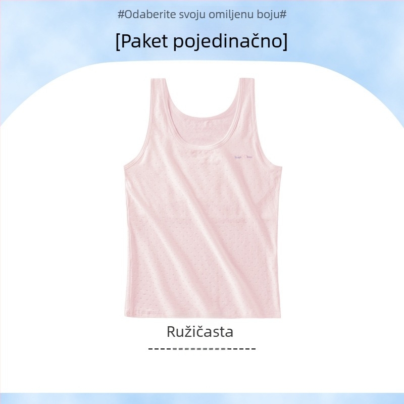 Dječje tanktop–donje rublje za djevojčice 9–13 godina, glavni materijal viskoza 30–50%, podstava od spandeksa 90–95%, fiksirani dvostruki naramenice, bez košarica, bez zatvarača, upijanje znoja