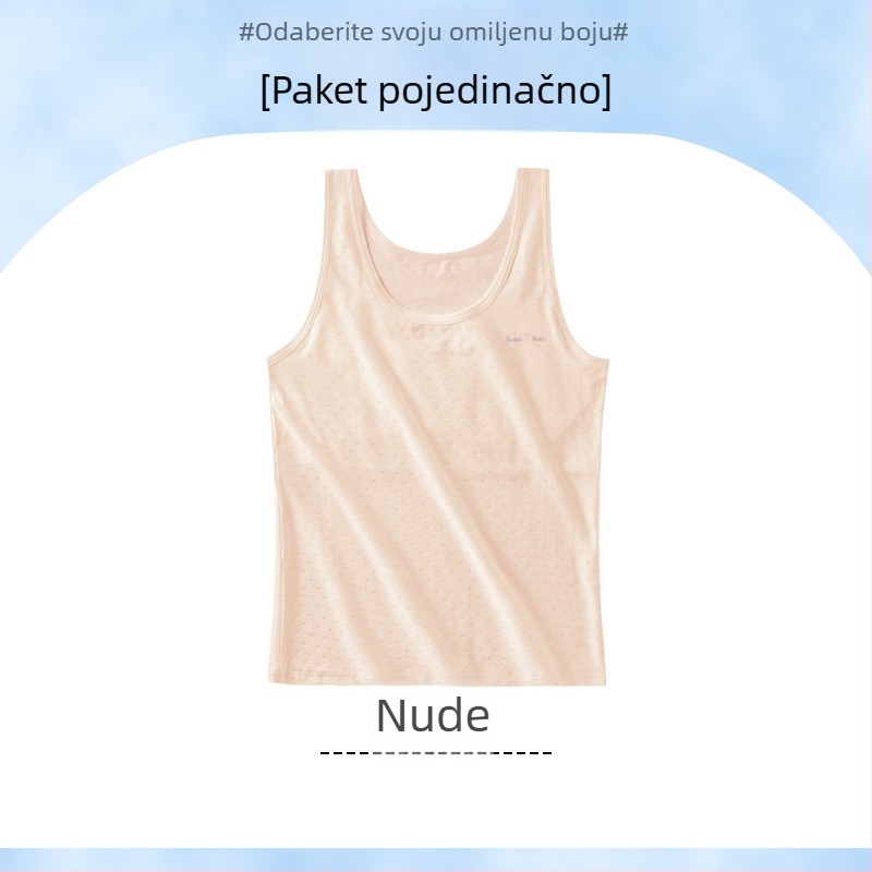 Dječje tanktop–donje rublje za djevojčice 9–13 godina, glavni materijal viskoza 30–50%, podstava od spandeksa 90–95%, fiksirani dvostruki naramenice, bez košarica, bez zatvarača, upijanje znoja