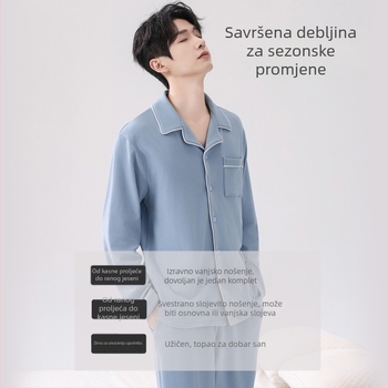 Muški pidžama set s brušenim flisom, dugi rukavi i hlače, ovratnik u stilu lapel, 90–95% poliester, gustoća 201–250 g/m², za zimu, jesen i proljeće, luksuzan stil