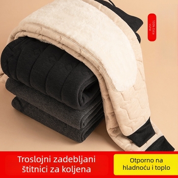 Muške zimske hlače od poliestera, ekstra debele, baršunasta podstava, bezšivne, 80–90% poliestera, s flasterom