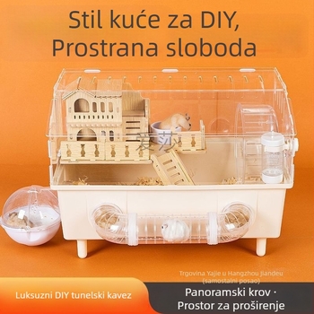 Kavez za hrčka – prozirna luksuzna vila s vanjskim tunelom, dizajn u obliku sira, plastični materijal, za unutarnju uporabu.
