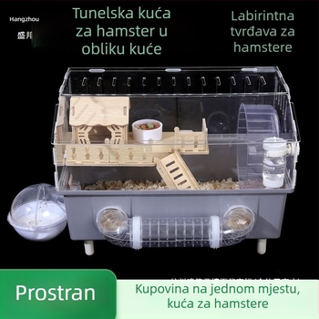 Kavez za hrčka – prozirna luksuzna vila s vanjskim tunelom, dizajn u obliku sira, plastični materijal, za unutarnju uporabu.