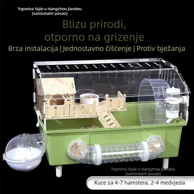 Kavez za hrčka – prozirna luksuzna vila s vanjskim tunelom, dizajn u obliku sira, plastični materijal, za unutarnju uporabu.