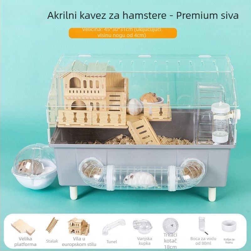 Kavez za hrčka – prozirna luksuzna vila s vanjskim tunelom, dizajn u obliku sira, plastični materijal, za unutarnju uporabu.