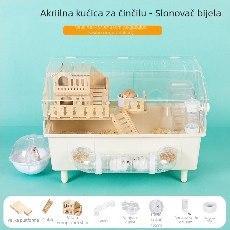 Kavez za hrčka – prozirna luksuzna vila s vanjskim tunelom, dizajn u obliku sira, plastični materijal, za unutarnju uporabu.