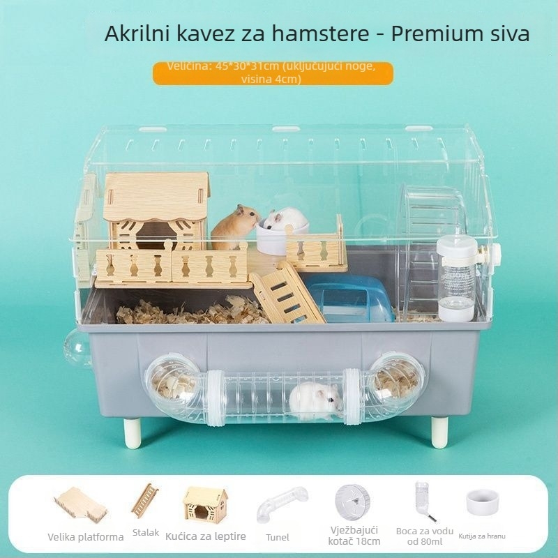 Kavez za hrčka – prozirna luksuzna vila s vanjskim tunelom, dizajn u obliku sira, plastični materijal, za unutarnju uporabu.