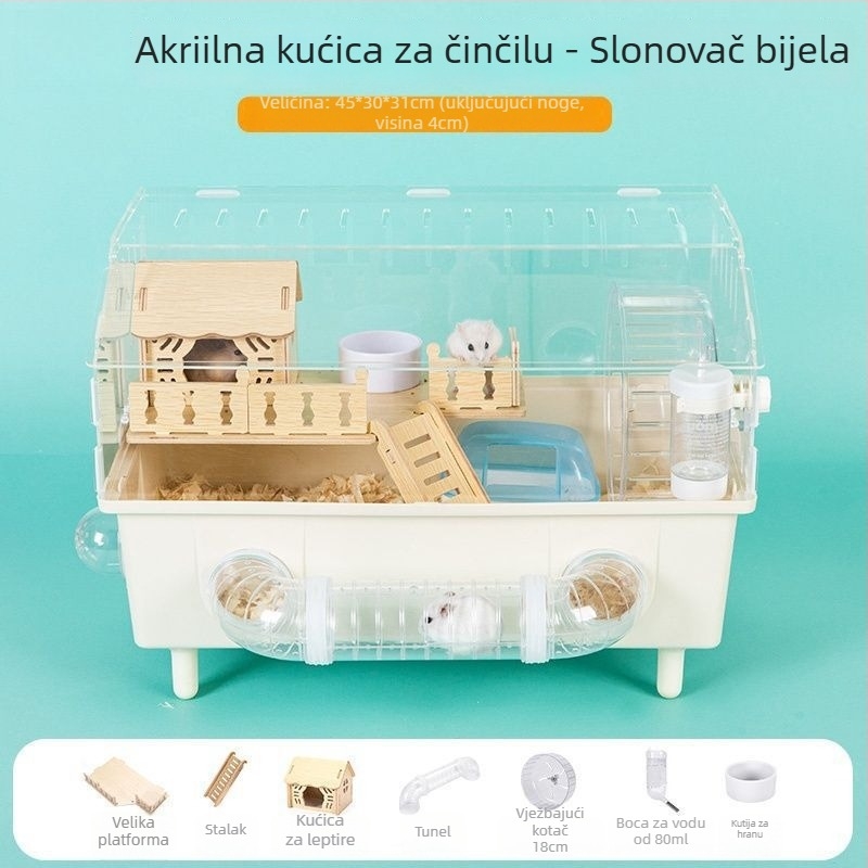 Kavez za hrčka – prozirna luksuzna vila s vanjskim tunelom, dizajn u obliku sira, plastični materijal, za unutarnju uporabu.