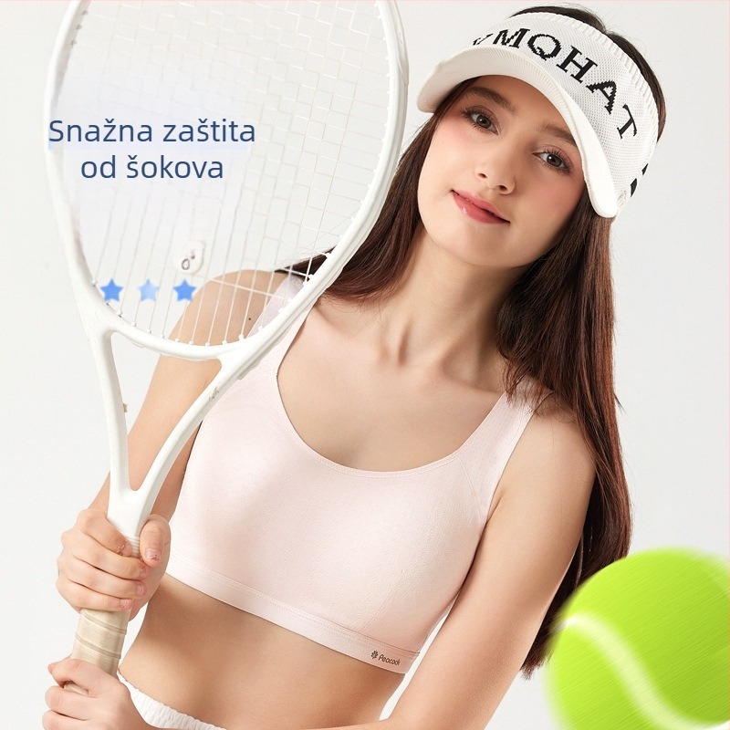 Najlon bezšivni sportski grudnjak-vest za tinejdžerice, s punim čašicama, tankim oblikovanim čašicama, podstava 80–90% elastan, prozračan, fiksne dvostruke naramenice