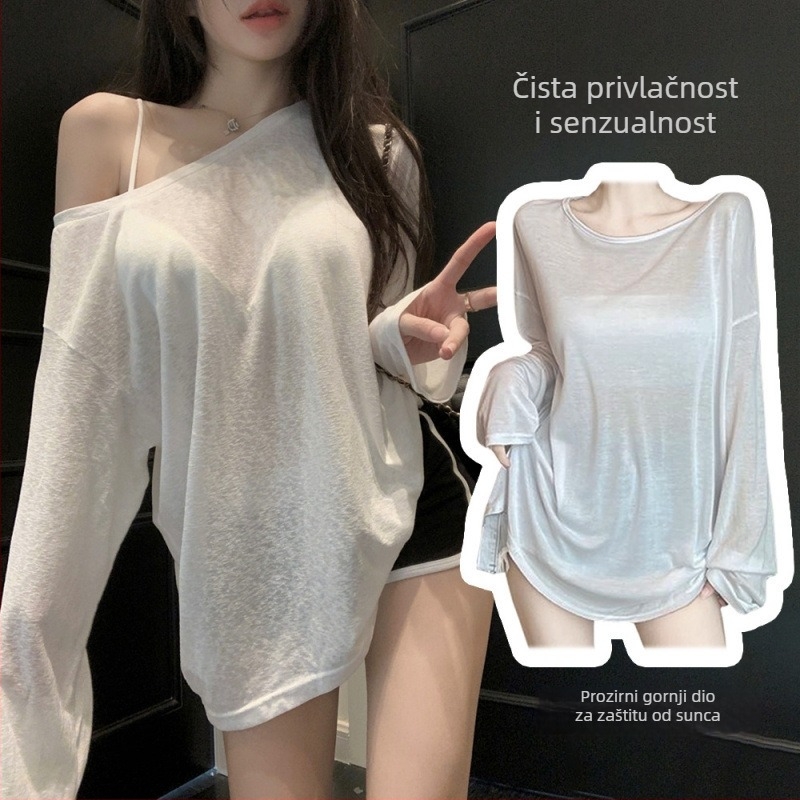 Koreanskog stila šifonska bluza s dugim rukavima, široki kroj, okrugli izrez, kosi rameni, 95% poliester