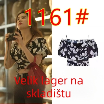 Ženski top s mašnom — uski kroj, kratki rukav, ovratnik s jednim slovom, Feifei rukav