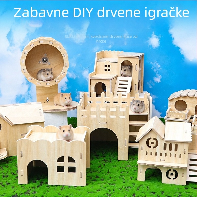 Hamster vila: drvena kućica za hamstere s akrilnim dodacima za kavez, nepravilnog oblika, prostran prostor za aktivnost, prenosiva i jednostavna za čišćenje