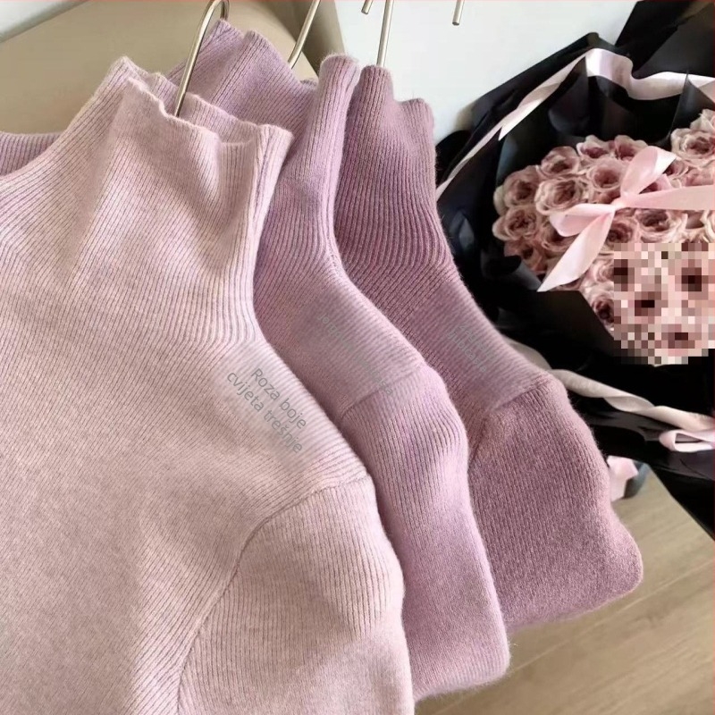 Ženski pleteni džemper s высоким ovratnikom, jesen-zima, slim fit, dugi rukavi, poliester-spandeks tkanina