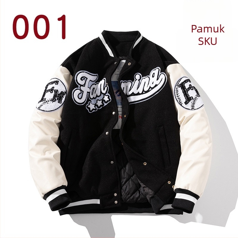 Baseball jakna s izvezbom, slobodan kroj, stojeći ovratnik, jednostruko kopčanje, debela poliester tkanina