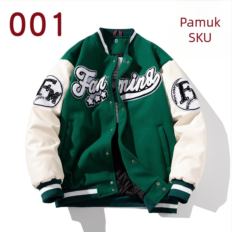 Baseball jakna s izvezbom, slobodan kroj, stojeći ovratnik, jednostruko kopčanje, debela poliester tkanina