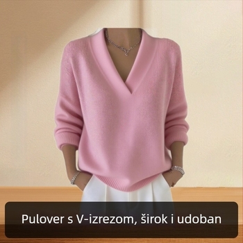 Pulover s kapuljom i V-izrezom, udoban kroj, dugi rukavi, poliester 95%+, jesen 2025