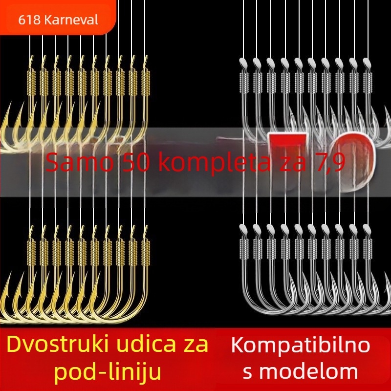 Običan ribolovni kuki set s dvostrukim udicama, bez bodlja, pogodna za jezero, ribnjak i potok.