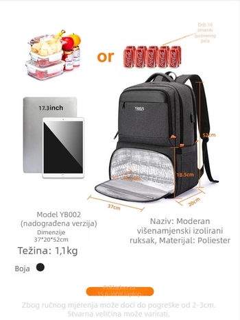 Unisex vodootporan ranac s izoliranom torbom za ručak, kapacitet ispod 20L, kaiševi s zračnim jastukom.