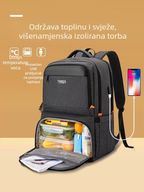 Unisex vodootporan ranac s izoliranom torbom za ručak, kapacitet ispod 20L, kaiševi s zračnim jastukom.