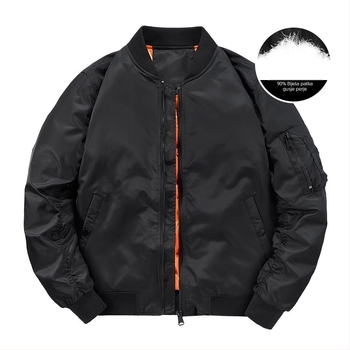 Muška bomber zimska jakna s perjem – stil bomber, punilo od bijelog patka perja, vanjski materijal najlon, stojeći ovratnik, zatvarač, debeli sloj topline, zaštita od hladnoće -20°C do -5°C