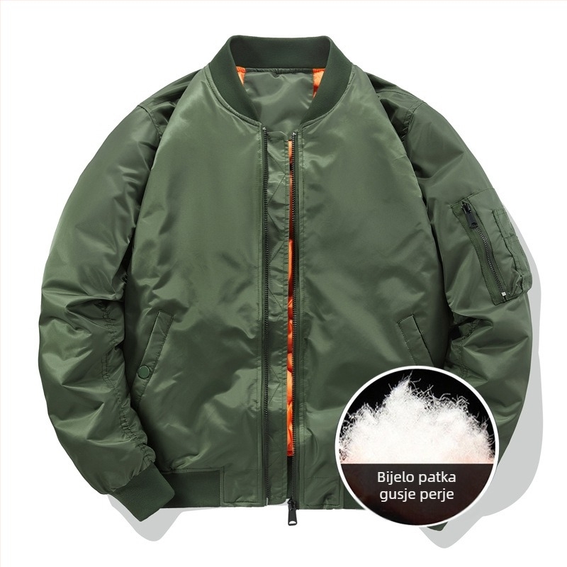 Muška bomber zimska jakna s perjem – stil bomber, punilo od bijelog patka perja, vanjski materijal najlon, stojeći ovratnik, zatvarač, debeli sloj topline, zaštita od hladnoće -20°C do -5°C