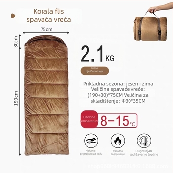 Maituri vreća za spavanje s punjenjem od šupljeg pamuka, u stilu omotnice, koralni fleece podstava, za odrasle, težina 1,8–2,7 kg.