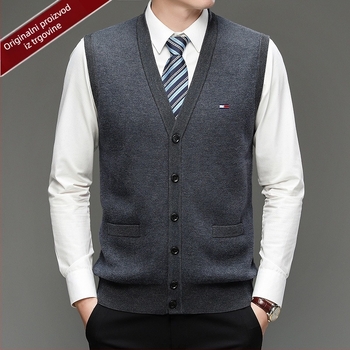 Muški kardigan od 100% vune, V-izrez, bez ovratnika, jednoredno kopčanje