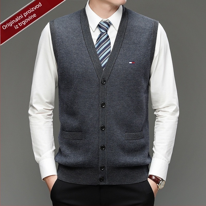 Muški kardigan od 100% vune, V-izrez, bez ovratnika, jednoredno kopčanje