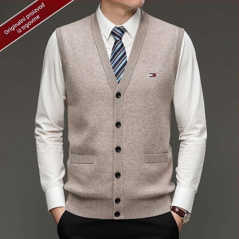 Muški kardigan od 100% vune, V-izrez, bez ovratnika, jednoredno kopčanje