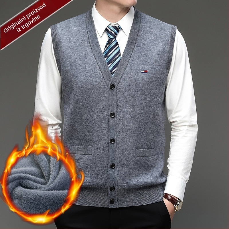 Muški kardigan od 100% vune, V-izrez, bez ovratnika, jednoredno kopčanje