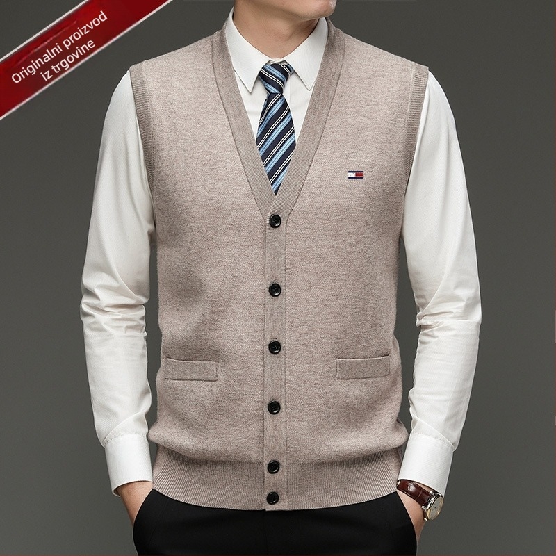 Muški kardigan od 100% vune, V-izrez, bez ovratnika, jednoredno kopčanje