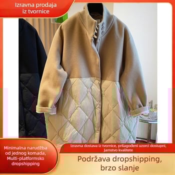 Ženska pamučna puffer jakna srednje duljine, uzorak usklađivanja boja, punjenje od pamuka, zip, stojeći ovratnik