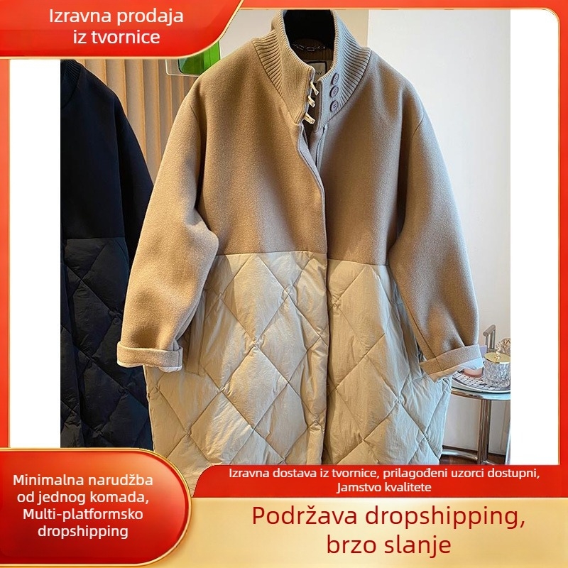 Ženska pamučna puffer jakna srednje duljine, uzorak usklađivanja boja, punjenje od pamuka, zip, stojeći ovratnik