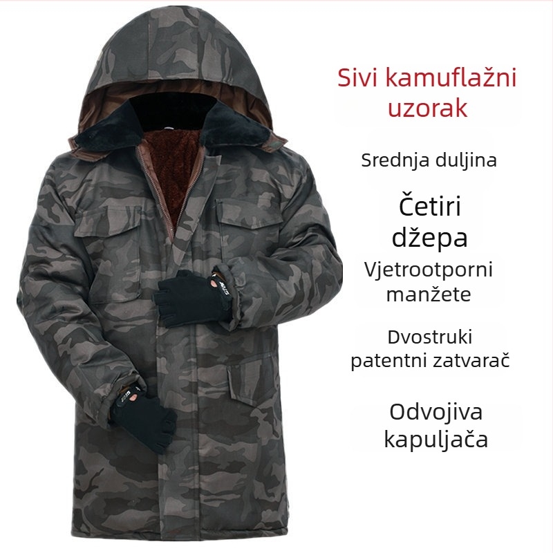 Jakna od pamuka s kamuflažnim uzorkom, kapuljačom, zipom, srednja duljina, zimska izolacija