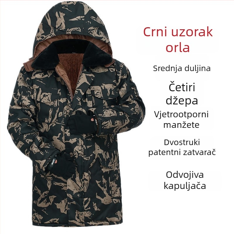 Jakna od pamuka s kamuflažnim uzorkom, kapuljačom, zipom, srednja duljina, zimska izolacija