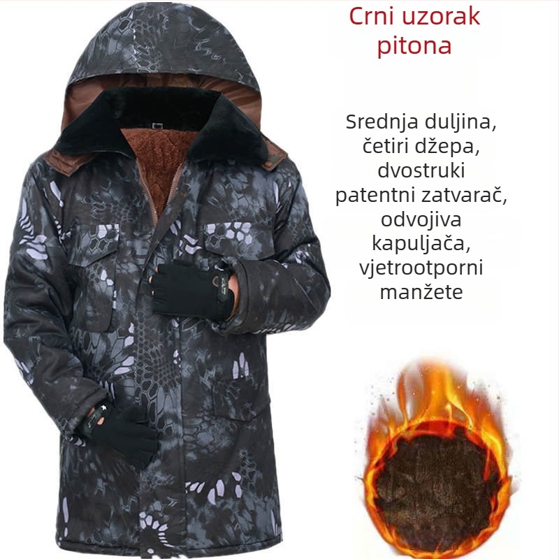 Jakna od pamuka s kamuflažnim uzorkom, kapuljačom, zipom, srednja duljina, zimska izolacija