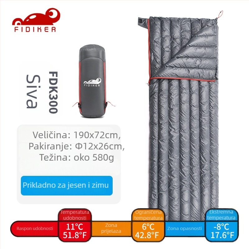 FIDIKER spavaća vreća s perjem od bijele patke, envelope stil, za odrasle; punilo: bijelo patino perje; podstava i tkanina od 400T ultralakog najlona; težina 580–800 g
