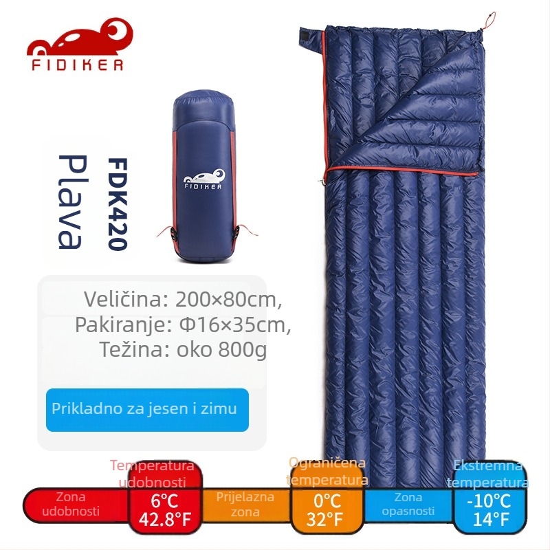 FIDIKER spavaća vreća s perjem od bijele patke, envelope stil, za odrasle; punilo: bijelo patino perje; podstava i tkanina od 400T ultralakog najlona; težina 580–800 g