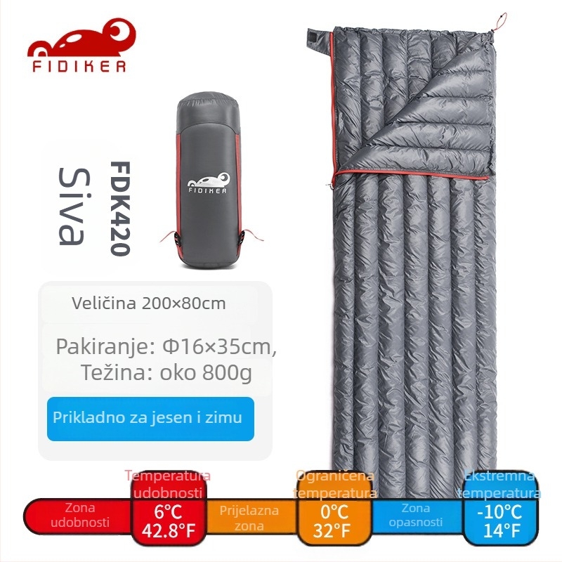 FIDIKER spavaća vreća s perjem od bijele patke, envelope stil, za odrasle; punilo: bijelo patino perje; podstava i tkanina od 400T ultralakog najlona; težina 580–800 g