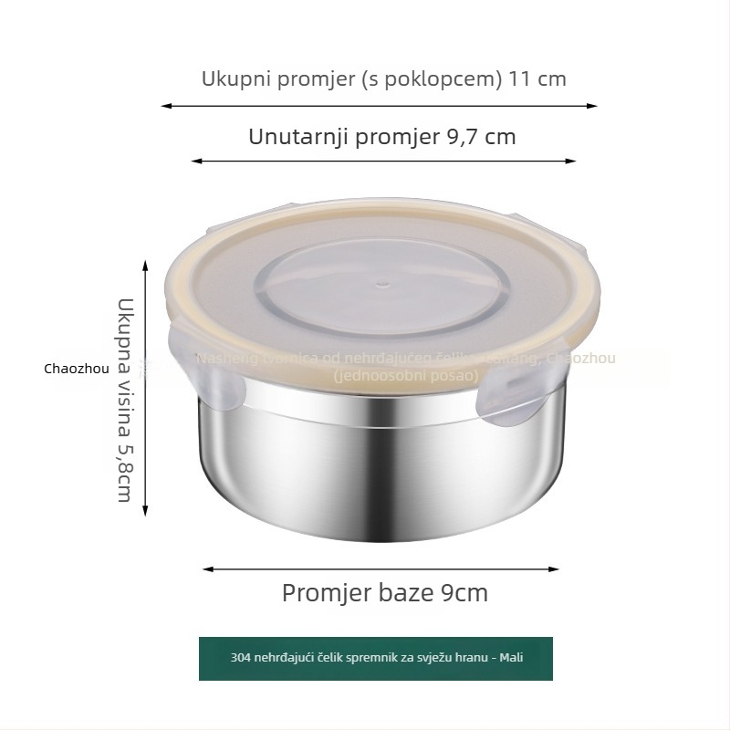 Okrugla posuda od nehrđajućeg čelika 304 za hranu sa čvrstim poklopcem, 800–1000 ml